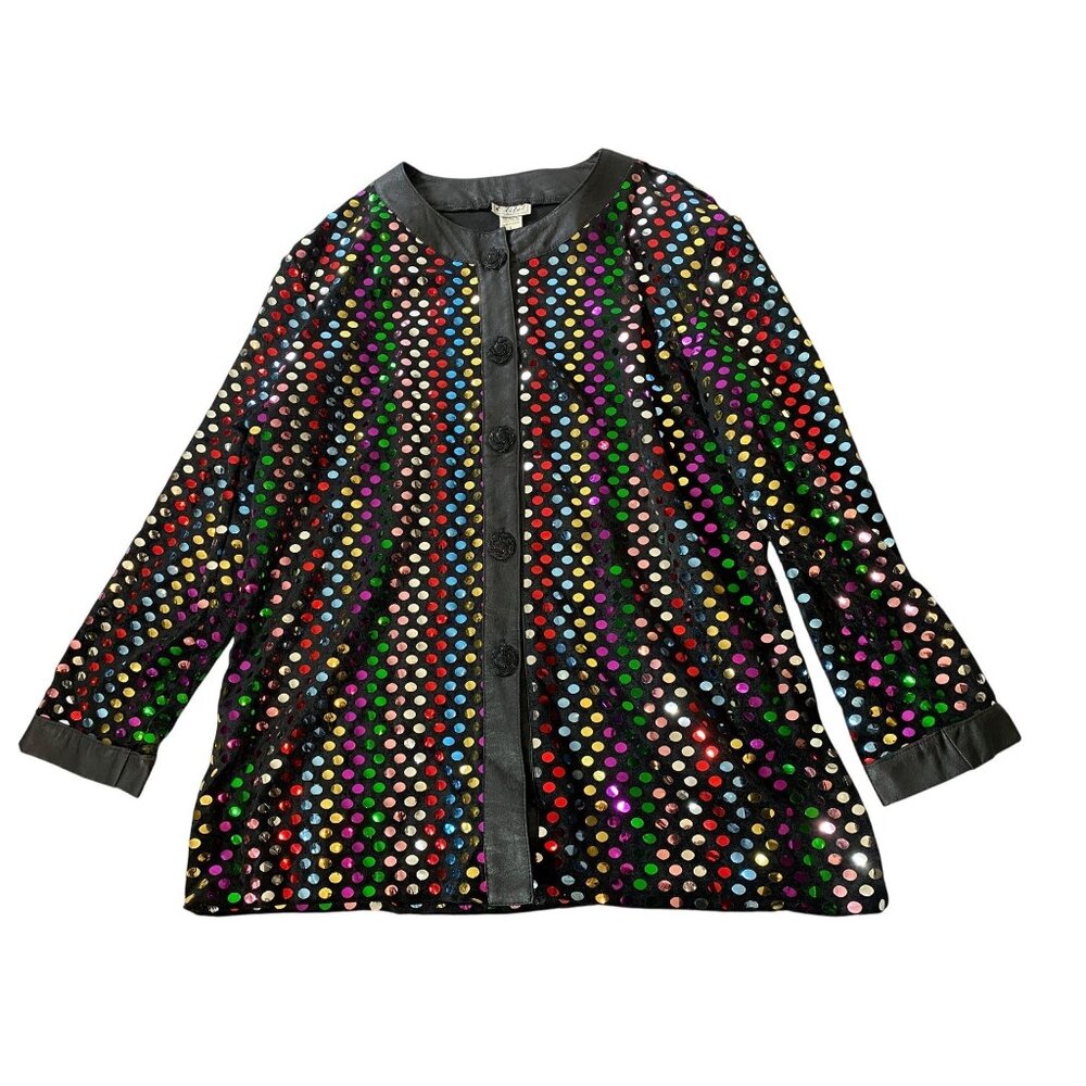 Elite USA Sequin Polka Dot Black Jacket Faux Leather Trim & Button Front Large